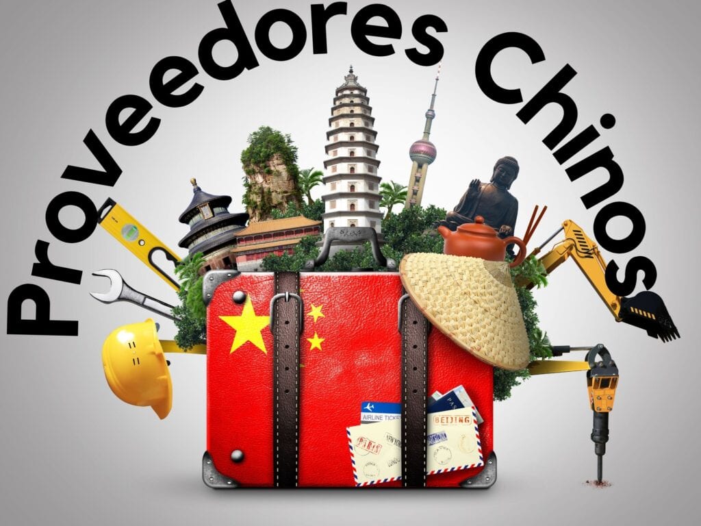 Proveedores Chinos, se ve en la imagen una maleta con la bandera de China estampada y dentro de la matera se ven algunos de los lugares característicos de China y algunos productos que vende ese país